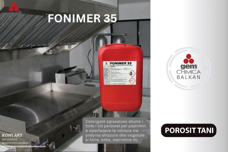 FONIMER 35 detergjent per heqjen e yndyrave per furra dhe soba, Pastrues per yndyrat shtazore dhe vegjetale, Detergjent profesional per kuzhina industriale, Produkt per pastrimin e aspiratoreve dhe pajisje gatimi